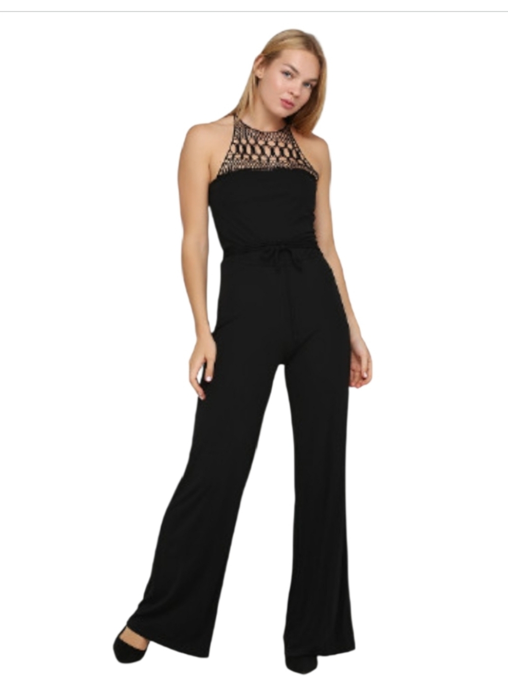 Lauren Ralph Lauren Black Crochet Halter Jumpsuit Wide Leg Boho Chic sz S